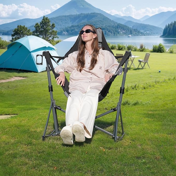 Hammock Camping Chair, 3 Heights Swinging Chair with Adjustable Backrest, Folding Rocking Chair with Head Pillow&Cup Holder, Outdoor Chairs for Camping and Hiking, Supports 350lbs, Black