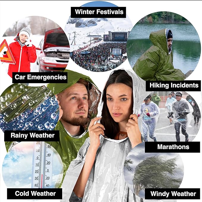 aZengear Emergency Survival Poncho (4pc) Thermal Mylar Foil Blanket for Heat Retention and Rain | Reversible with Hood | Waterproof, Windproof, Portable, Hands-Free, Outdoor Kit (Green)
