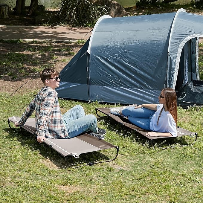 TIMBER RIDGE Lightweight Aluminum Camping Cot, 20-Second Quick Set-Up Folding Cot with Zipper Closure, Portable Carry Bag Included for Camping, Travel and Outdoors, Support up to 225lbs, Tan 2pcs