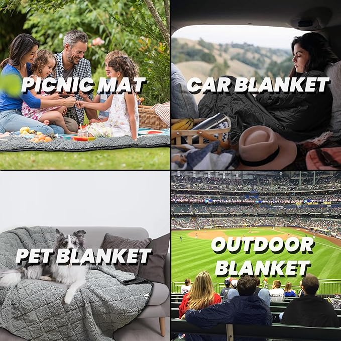 Waterproof Outdoor Blanket 82”X 55” Packable, Stadium Blankets for Camping with Sherpa Fleece Lining, Large Windproof Emergency Throw Mat for Garss Picnic Hiking Road Trip, Machine Washable, Black