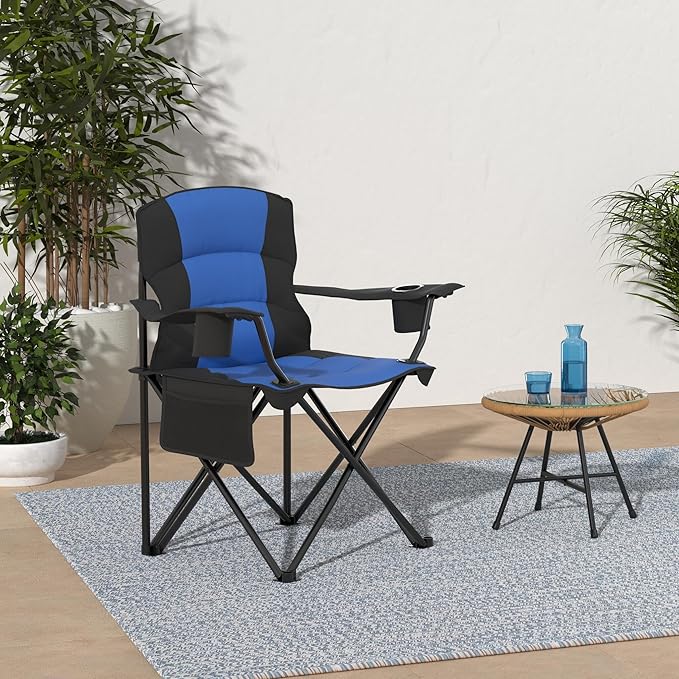 Oversized Camping Chair Folding Heavy Duty Quad Outdoor Large Lawn Chairs Portable Support 400 lbs Padded Thicken Oxford with Armrests, Storage Bag, Cup Holder, Carry Bag for Outside(Blue)