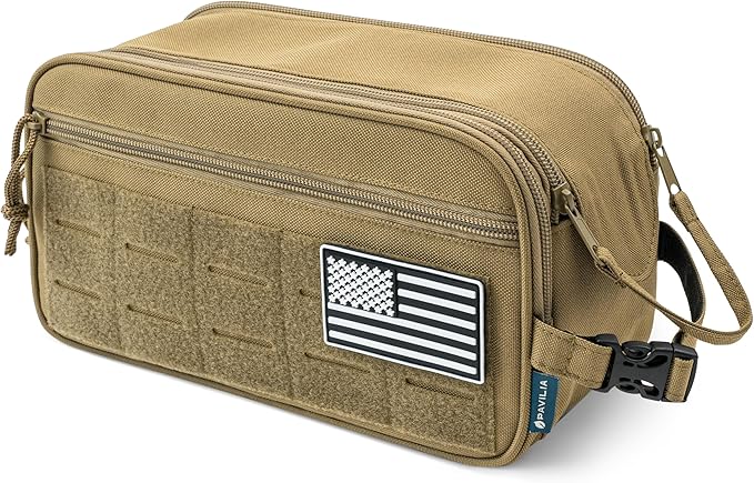 PAVILIA Tactical Toiletry Bag for Men, Travel Hygiene Bag, Military Gear Dopp Kit, Water Resist Molle Accessories Pouch, Mens Shaving Essentials, Gym Bathroom Shower Small Toiletries Tool EDC, Tan