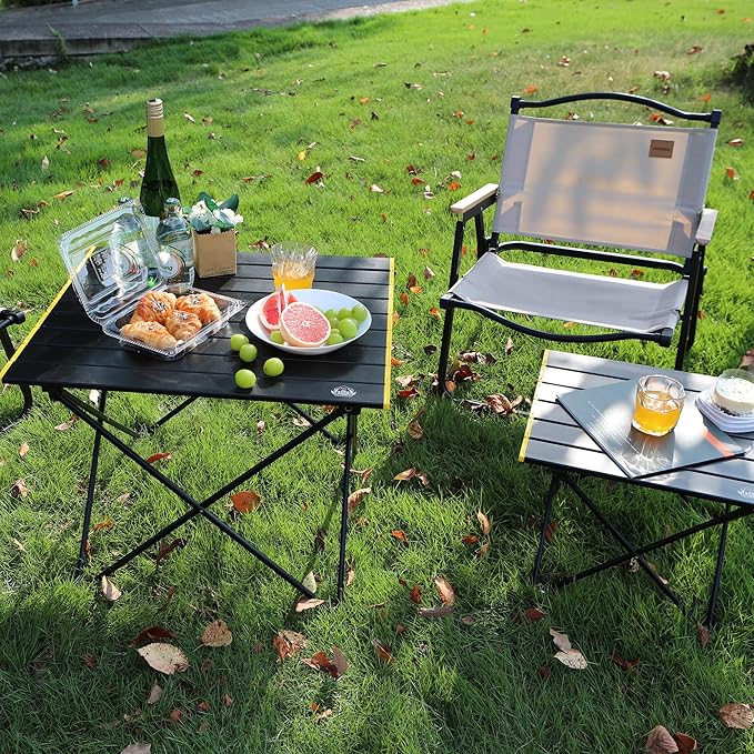 Portable Folding Camping Table, Large Compact Aluminum Beach Picnic Table, Lightweight Collapsible Outdoor Camp Tables That Folds & Rolls Up, Beach Gear Essentials Camp Accessories, Black