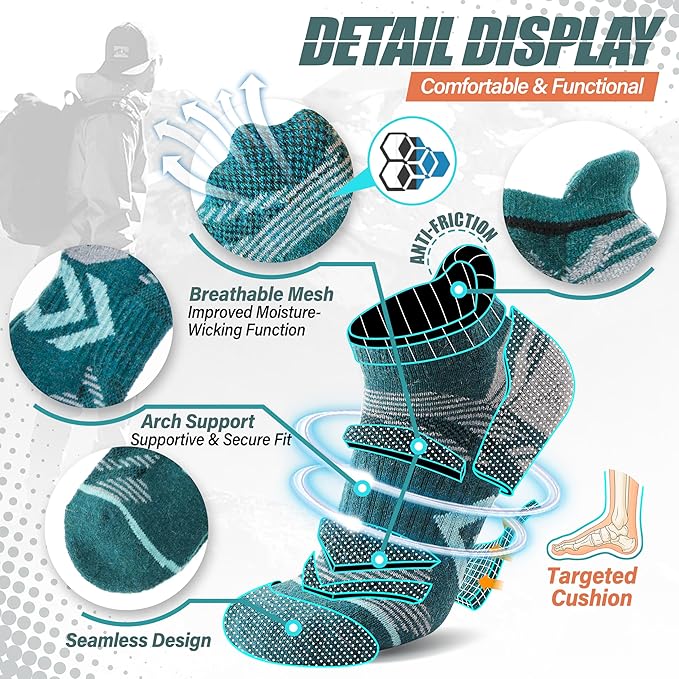 ANTSANG 6 Pairs Merino Wool Ankle Hiking Running Socks Compression Thick Cushion Breathable No Show Socks for Men Women