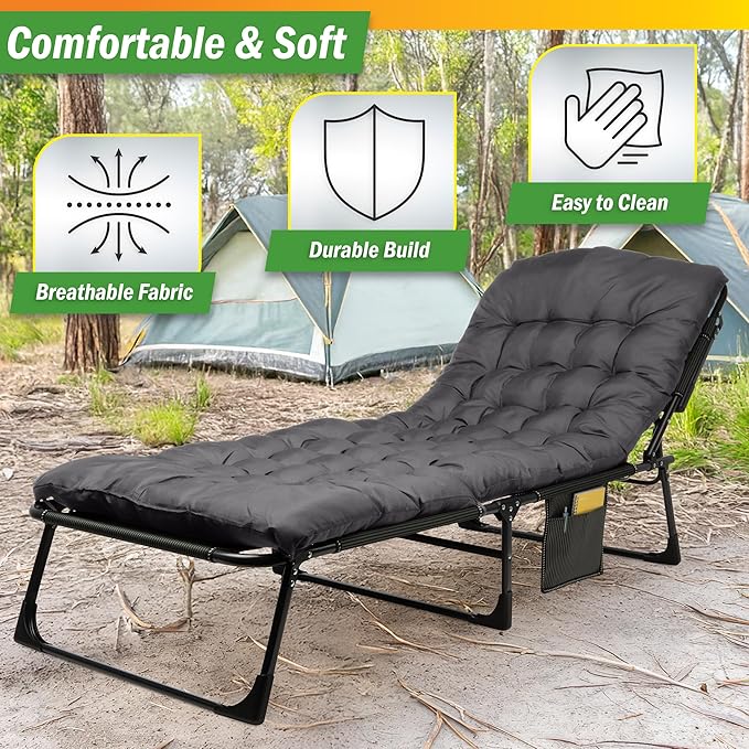 Folding Camping Cot with Mattress for Adults up to 440lbs - Heavy Duty Foldable Bed with Removable Cot Mattress and 3 Recline Positions for Travel, Camp, Beach or Guest Bed by Wakeman Outdoors (Gray)