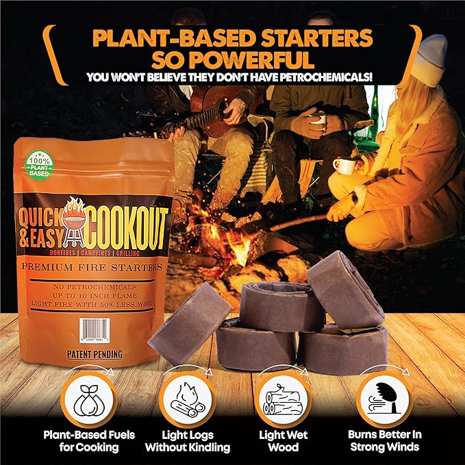 Get a Fully Lit Fire in Just 6-8 Minutes with No Kindling! Lights Wet/Frozen Wood | Plant-Based Fuels Only, Ideal for Cooking. One Starter Per Fire/BBQ. for Campfires, Fire Pit, Grilling, Bonfires