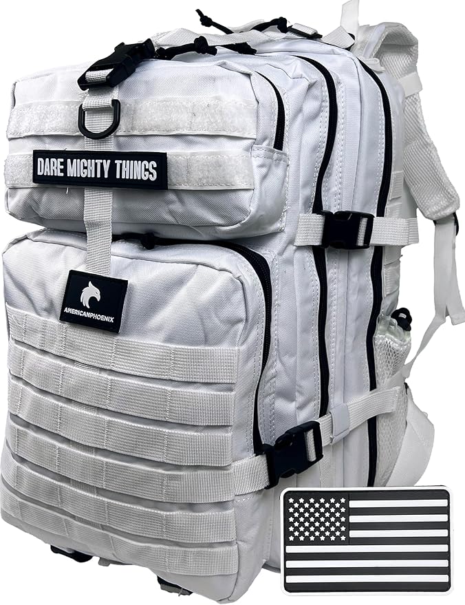 AMERICANPHOENIX 45L Elite Tactical Backpack | 3X Stronger Work & Military Backpack | Water Resistant and Heavy Duty | 3 Day MOLLE Bug Out Bag (Polar White)