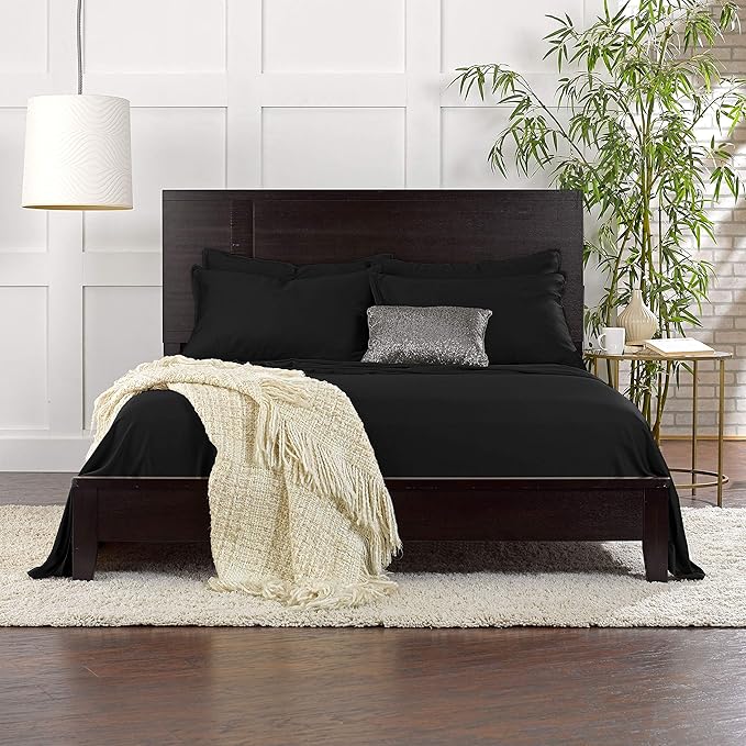 Queen Sheets by Pure Bamboo, Genuine 100% Organic Viscose Derived from Bamboo Bed Sheet Set, Luxuriously Soft & Cooling, Double Stitching, Lifetime Quality Promise (Queen, Black)