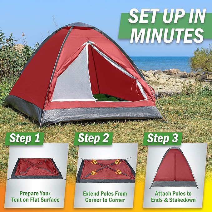2 Person Camping Tent with Rain Fly and Carrying Bag – Lightweight Outdoor Pop Up Tents for Camping Essentials, Music Festivals, Backpacking, Hiking, or Beach Shelter by Wakeman Outdoors