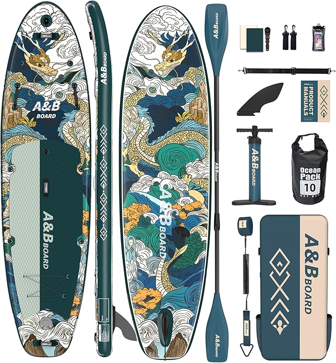 ABBOARD Inflatable Stand Up Paddle Boards - Extra Wide Fishing Paddleboard,Cool Design,Ultra Stable Standup SUP,5 Handles,15 D-Rings, Camera Mount,10L Dry Bag,100L Backpack, Youth/Adults