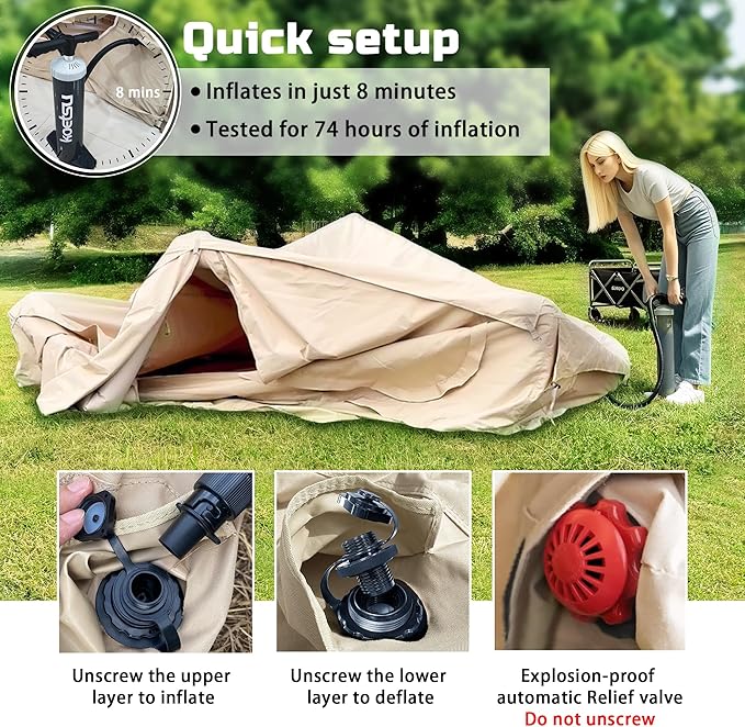 Inflatable Camping Tent for 4 Person with Heavy Duty 600D Oxford Fabric - Blow Up Tent Includes Rainfly & Air Pump,Easy Setup, Portable All Season Cabin House for Family Camping