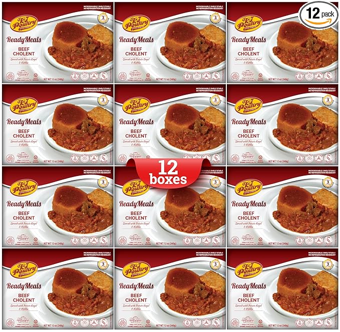 KJ Poultry Kosher Ready Meals - Beef Chulent & Kugel, MRE Meat Meals Ready to Eat, Shabbos Food (12 Pack) Prepared Entree Fully Cooked, Shelf Stable Microwave Dinner Travel, Military, Camping Survival