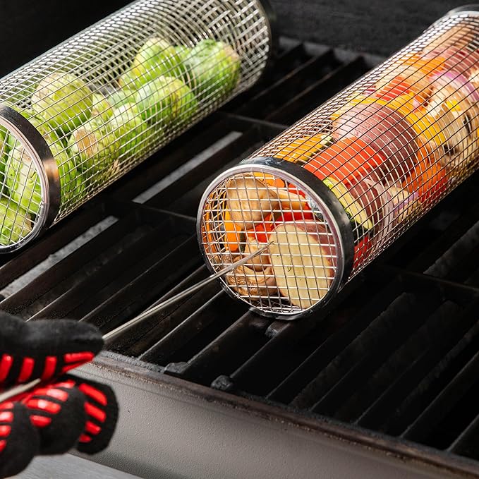 BLAZIN' GRILL Rolling Grill Basket | Rolling Grilling Baskets for Outdoor Grilling 2 Pcs | Barbecue Grill Set with BBQ Gloves | Portable Camping Net Rack Perfect for Vegetables, Seafood & Meat