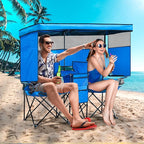 Double Beach Chair with Canopy Shade Heavy Duty Camping Chairs with Cup Holder Folding Loveseat for Outside Lawn