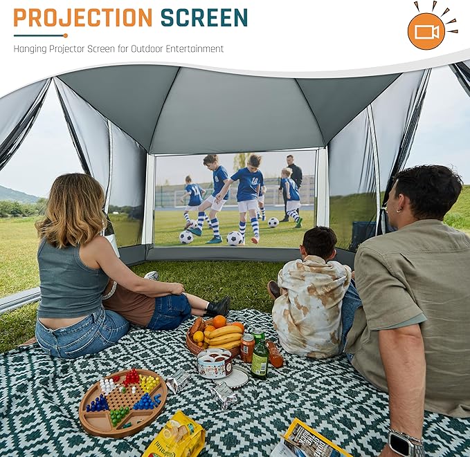 Screen House Tent 13x9ft Screen Room Mesh Gazebos w/ 2 Magnetic Doors, Included Projection Screen, Camping Tent Screened Canopy Shelter for Outdoor Patios Backyards Activities (Gray)