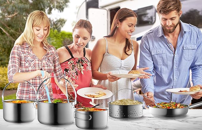 Camping Cookware Set 304 Stainless Steel 8-Piece Pots & Pans Open Fire Cooking Kit | Frying Pan Steamer with Travel Tote Bag | Compact For Outdoors & Indoors Kitchen Family Campfire Hiking RV