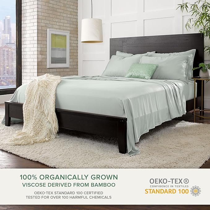 Full Sheets by Pure Bamboo, Genuine 100% Organic Viscose Derived from Bamboo Bed Sheet Set, Luxuriously Soft & Cooling, Double Stitching, Lifetime Quality Promise (Full, Sea Glass)