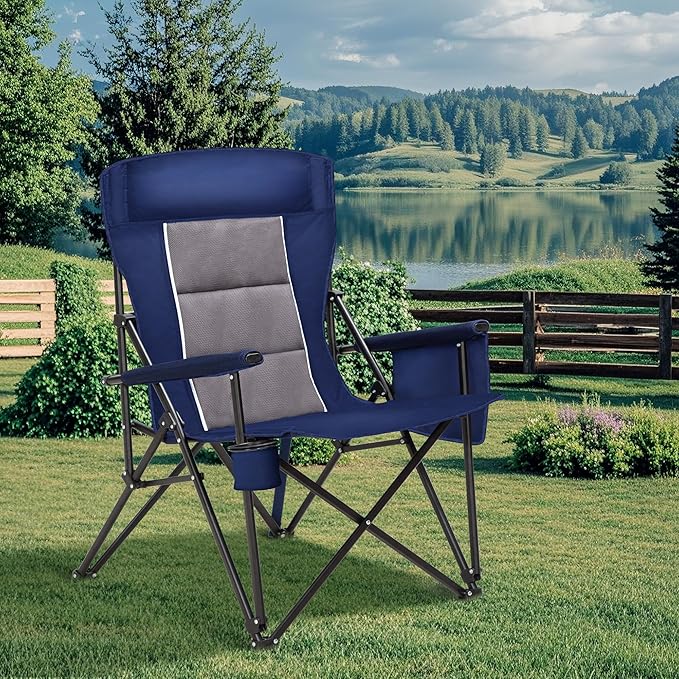 HIGH POINT SPORTS Oversized Camping Chairs for Adults, High Back Heavy Duty Lawn Folding Chair Support 500LBS, Padded Portable Outdoor Chair with Cup Holder, Blue