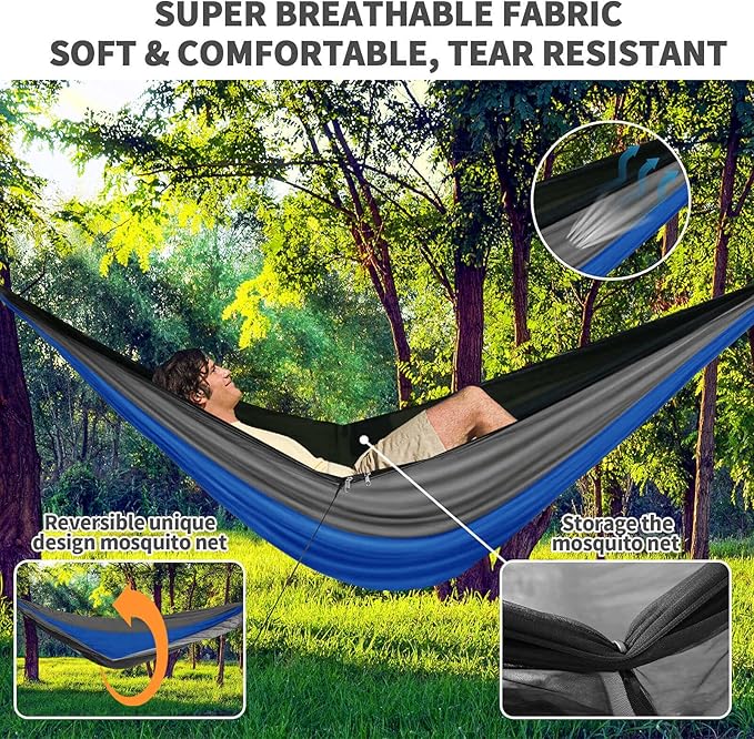 Camping Hammock with Mosquito Bug Net Tent and Rain Fly Tarp, Portable Single Double Nylon ParachuHammock with Heavy Duty Tree Strap for Backpacking Travel Survival Hiking Outdoor Activities (Blue)