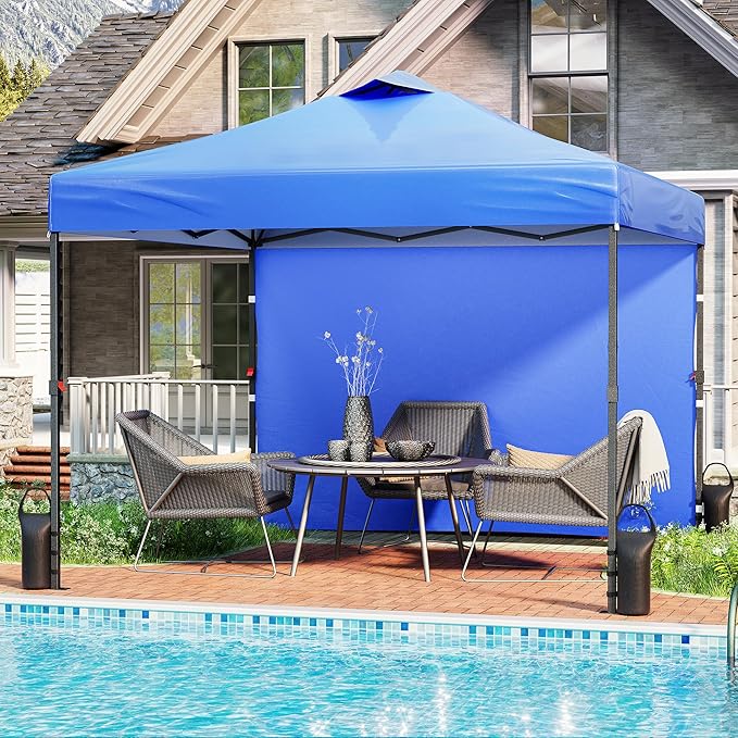 10'x10' Pop Up Canopy Tent with 1 Sidewall and 6 Pockets, One Push Setup, Instant Shade Tent with Vented Roof for Beach Patio Outdoor, Case, 8 Stakes, 4 Ropes, 4 Sandbags (Blue, 10x10)