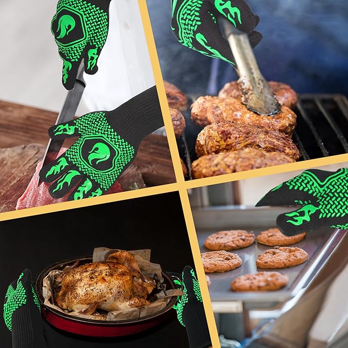 BBQ Fireproof Gloves, Grill Cut-Resistant Gloves 1472°F Heat Resistant Gloves, Non-Slip Silicone Oven Gloves, Kitchen Safe Cooking Gloves for Oven Mitts,Barbecue,Cooking, Frying,13.5 Inch-Green