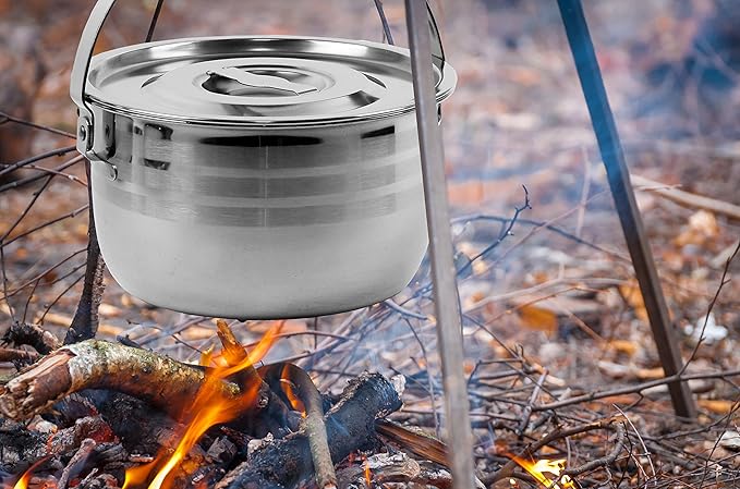 Camping Cookware Set - Compact Stainless Steel Campfire Cooking Pots and Pans | Combo Kit with Travel Tote Bag | Rugged Outdoor Cook Set for Hiking | Barbecues | Beach