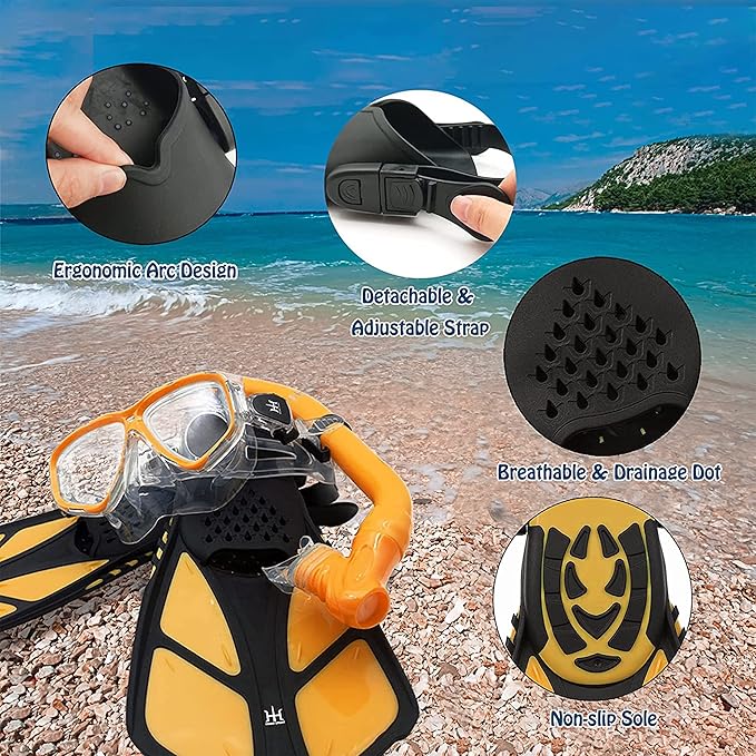 Kids Mask Fins Snorkel Set Snorkeling Packages, with Diving Mask, Snorkel, Adjustable Swim Fins, Mesh Bag, Anti-Fog Anti-Leak Snorkeling Gear for Kids for Snorkeling Swimming Diving
