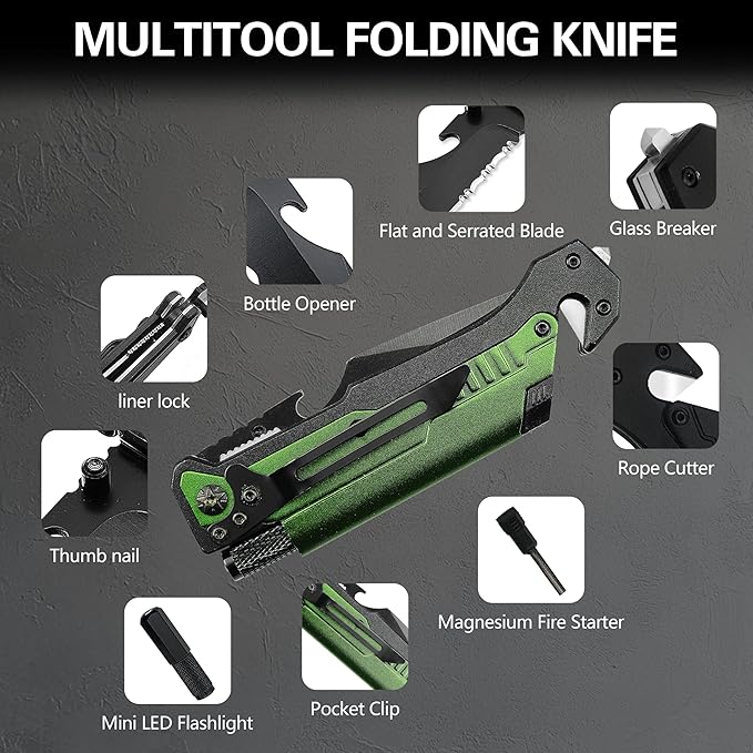 ALBATROSS 7-in-1 Folding Pocket Knife with Glass Breaker, Seatbelt Cutter, Serrated Blade, LED Flashlight, Fire Starter & Bottle Opener - Emergency & Outdoor Tool with Pouch (Green) FK01-GN