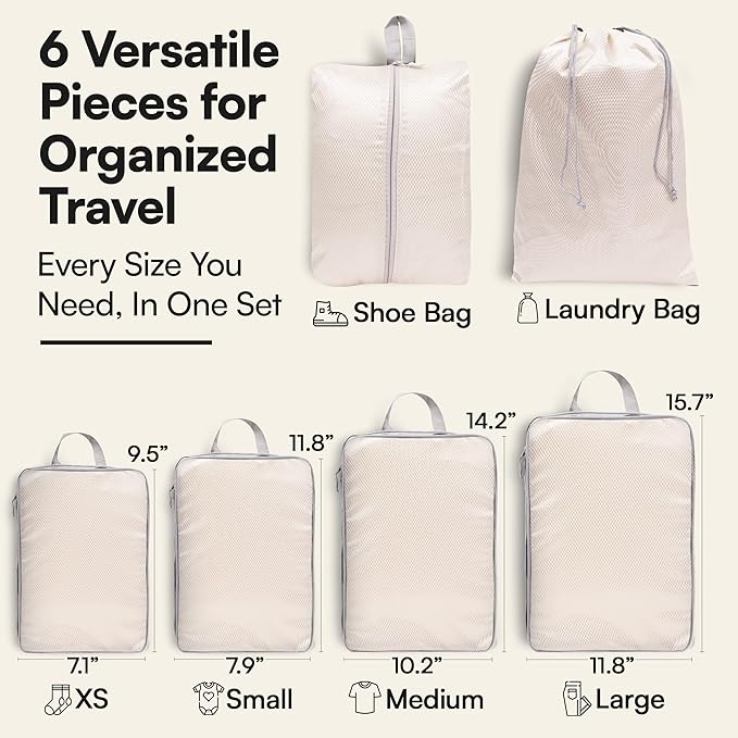 AMHARBOR Set of 6 Compression Packing Cubes for Travel - Space-Saving Luggage Organizers - Vacation Travel Essentials - Lightweight Accessories for Suitcase