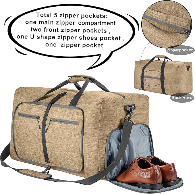Vomgomfom 65L/85L/115L Foldable Travel Duffle Bag, Lightweight Checked Luggage with Shoe Compartment, Water-Resistant Weekender Overnight Bag for Men & Women