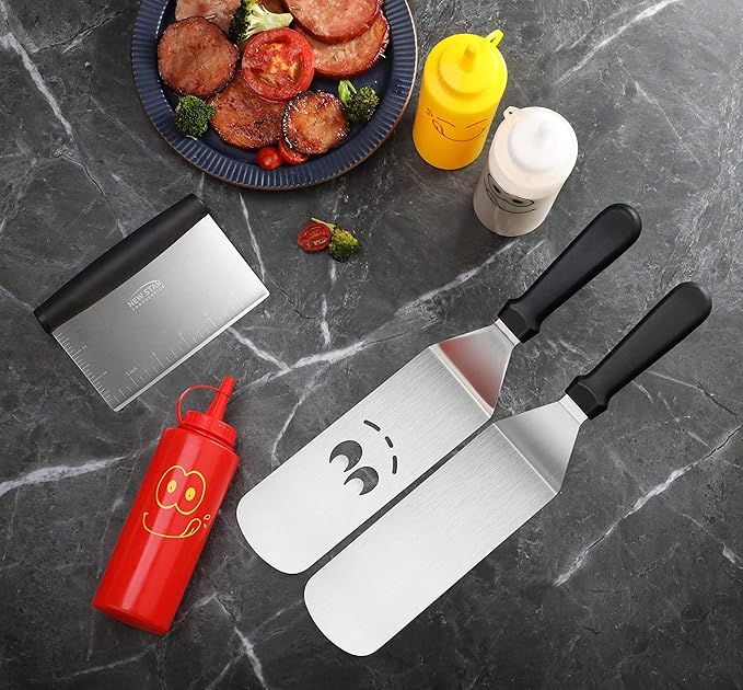New Star Foodservice 7006865 Stainless Steel BBQ/Griddle Utensils & Accessories Tool Set, 6-Piece Set Includes Spatulas, Dough Scraper with Measurements, & Squeeze Bottle Set