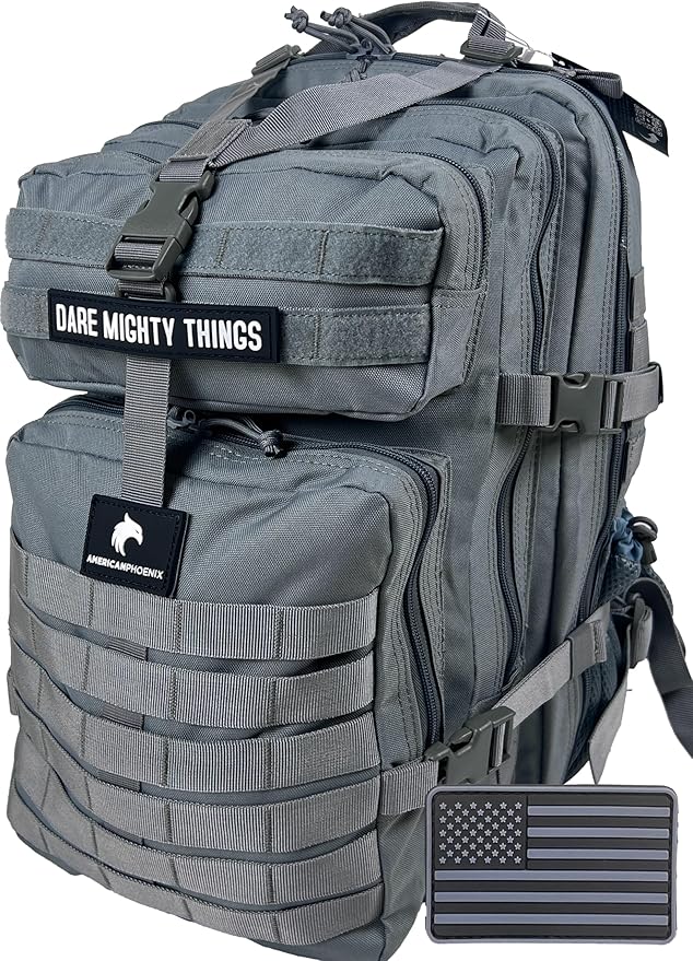 AMERICANPHOENIX 45L Elite Tactical Backpack | 3X Stronger Work & Military Backpack | Water Resistant and Heavy Duty | 3 Day MOLLE Bug Out Bag (Arctic Grey)