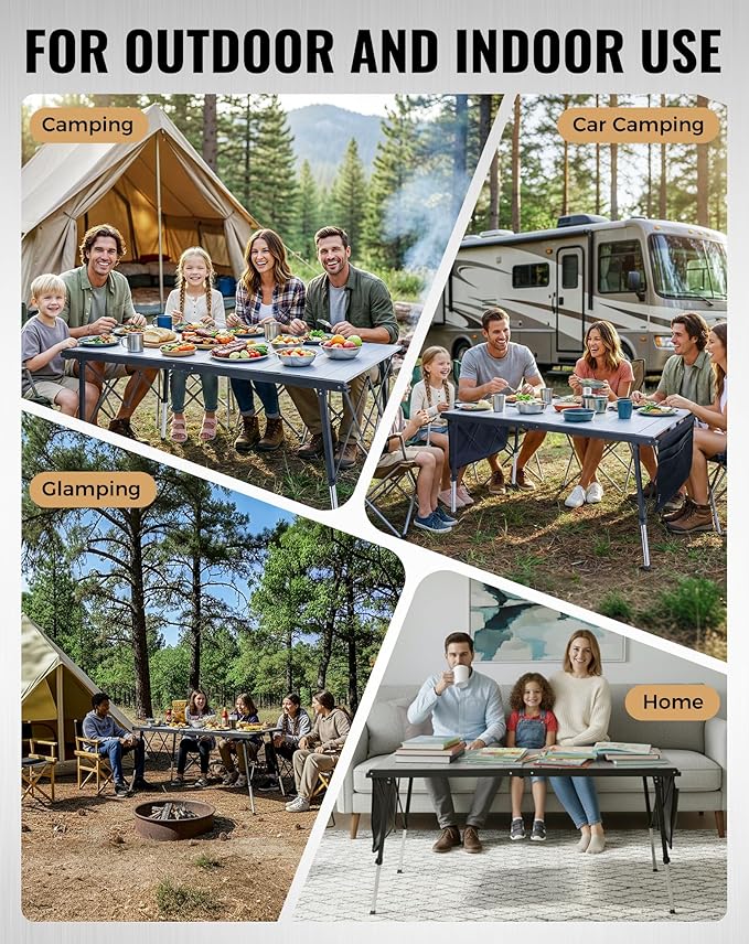 KingCamp Folding Camping Table Foldable, 55.1" x27.6" Aluminum Roll Up Table with Adjustable Height 6-7 Person Large Camp Tables Outdoor with Carrying Bag for BBQ, Patio, Picnic Loads 265 Lbs