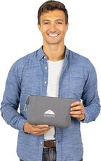 BlueHills Lightweight Travel Blanket Pillows Compact for Two Airplane Traveling Essentials Flight Throws in Bag case with Backpack Clip Compact Large Plane Accessories – Gray and Beige