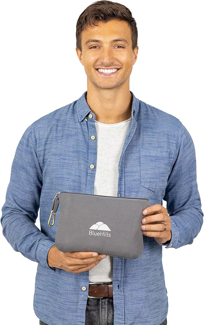 BlueHills Lightweight Travel Blanket Pillows Compact for Two Airplane Traveling Essentials Flight Throws in Bag case with Backpack Clip Compact Large Plane Accessories – Gray and Beige