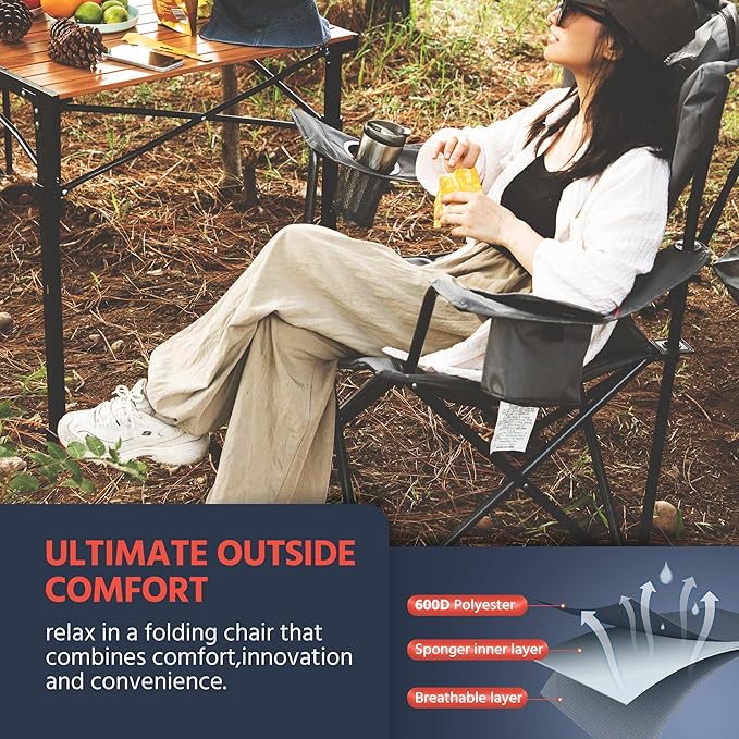 OUTSIDER Folding Camping Chair Heavy Duty Folding Chair 400lbs Oversized Outdoor Chairs with Cup Holder, Cooler Bag, Storage Pocket & Lumbar Support (Style-2, 1pc)