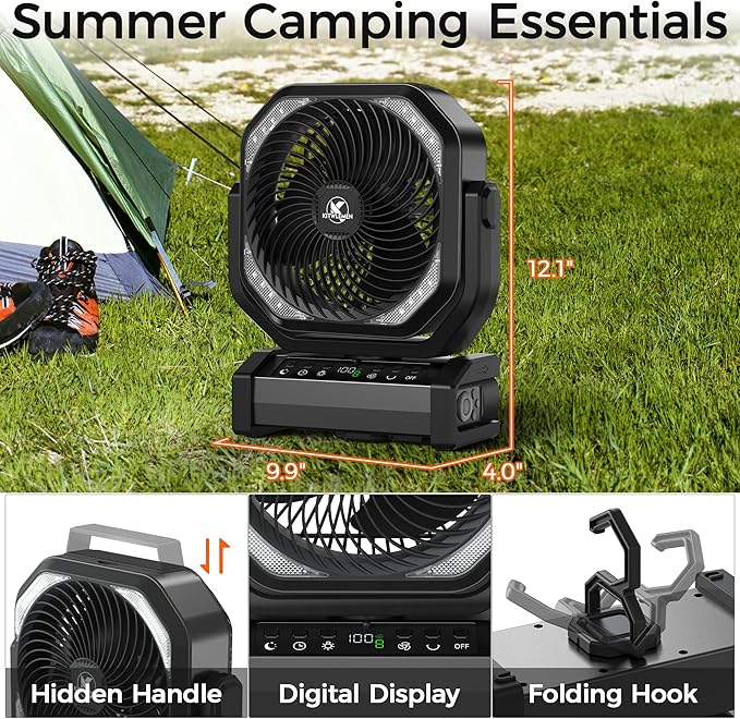Camping Fan with Light - 20000mAh Rechargeable Battery Fan, 112Hrs Max Run Time, 8 Speeds, Digital Display, Timer, Auto Oscillation, 270° Pivot & Hook for Camping, Power Outage, Hurricane (Black)