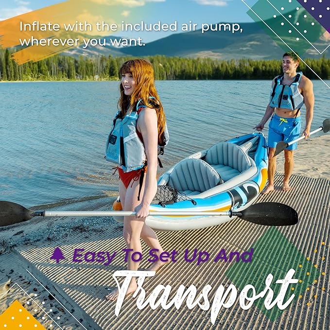 Sunlite Sports 2-Person Inflatable Kayak with Aluminum Oars (136" x 33"), High Output Air Pump and Storage Bag, Double Tandem Kayak for Adults, Two Person Canoe and Kayak, Good for Lakes and Rivers