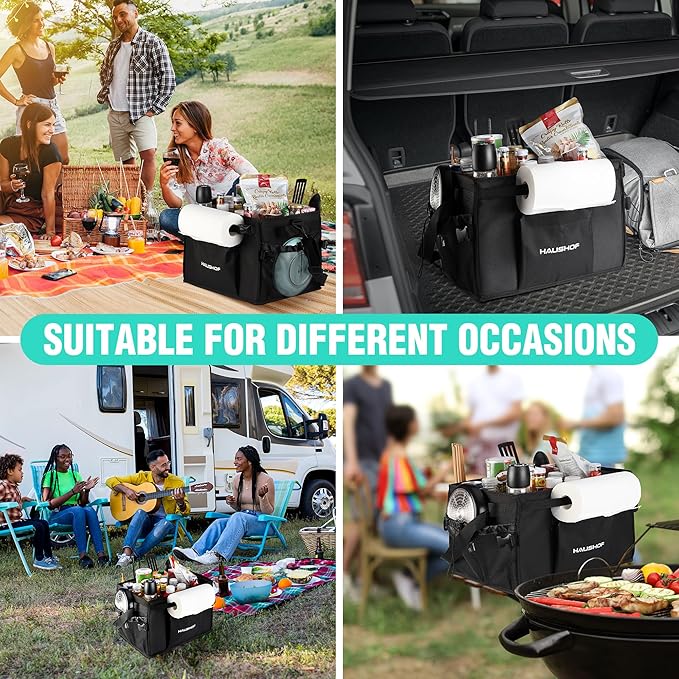 HAUSHOF Large Grill and Picnic Caddy with Paper Towel Holder, Condiment Pocket, Foldable BBQ Organizer Easy Carry Griddle Caddy for Camping, RV, Outdoor Waterproof Oxford Cloth (Black)