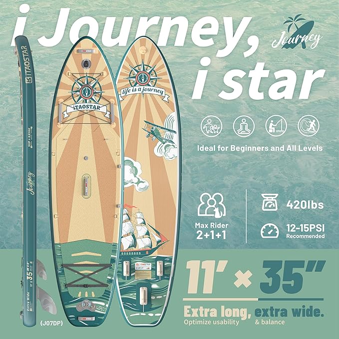 Journey 11'6" / 11'×34" / 11'×35" Extra Wide Paddle Board, One-Stop Premium SUP Board Accessories, Tailored Fins, Stable Inflatable Stand Up Paddle Boards for Youth/Adults of All Skill Levels