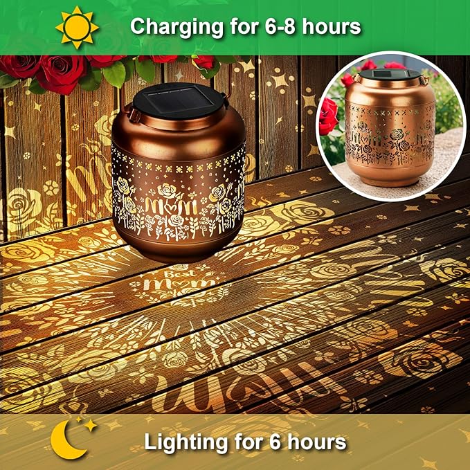 Birthday Gifts for Women Mom Grandma Solar Lantern Outdoor Waterproof, Gardening Gifts for Women, Rose Flowers Garden Decor Hanging Solar Lights Yard Decorations Outdoor, Backyard, Patio, Porch