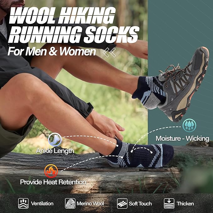 ANTSANG 6 Pairs Merino Wool Ankle Hiking Running Socks Compression Thick Cushion Breathable No Show Socks for Men Women