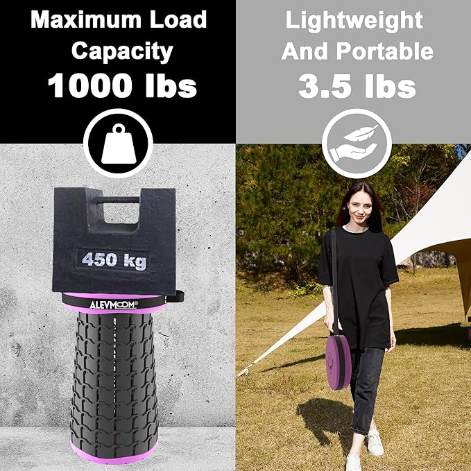 ALEVMOOM Upgraded 19.7" XXL Collapsible Stool with Cushion, Portable Telescoping Stool Capacity 1000lbs Heavy Duty Retractable Folding Chair for Adults for Camping Fishing Hiking BBQ