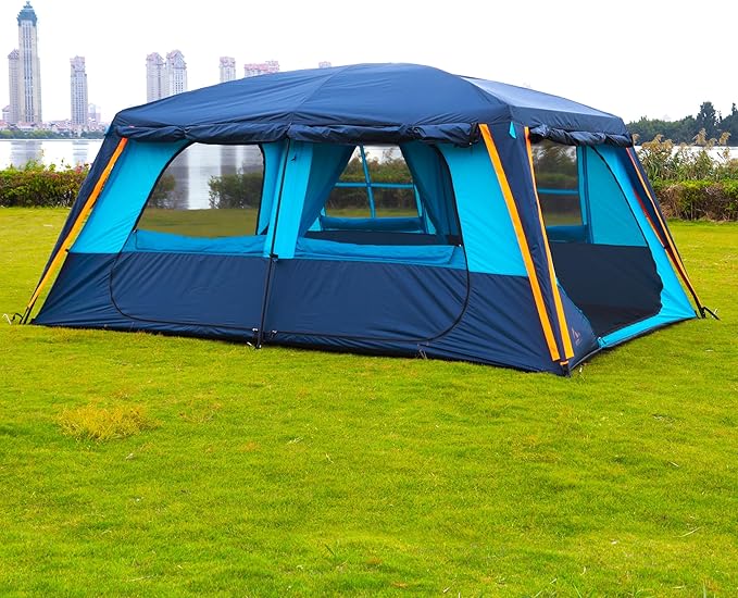 KTT Extra Large Tent 12 Person,Awning Family Cabin Tents,2 Rooms,3 Doors and 3 Windows with Mesh,Straight Wall,Waterproof,Double Layer,Big Tent for Outdoor,Picnic,Camping,Family Gathering