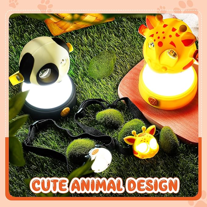 VIHOSE 2 Set Animal LED Camping Lantern and Headlamp 4 Pcs Animal Themed Camping Equipment Room Nightlight Battery Powered Night Light for Emergency, Hurricane, Lightweight Tent Lamp