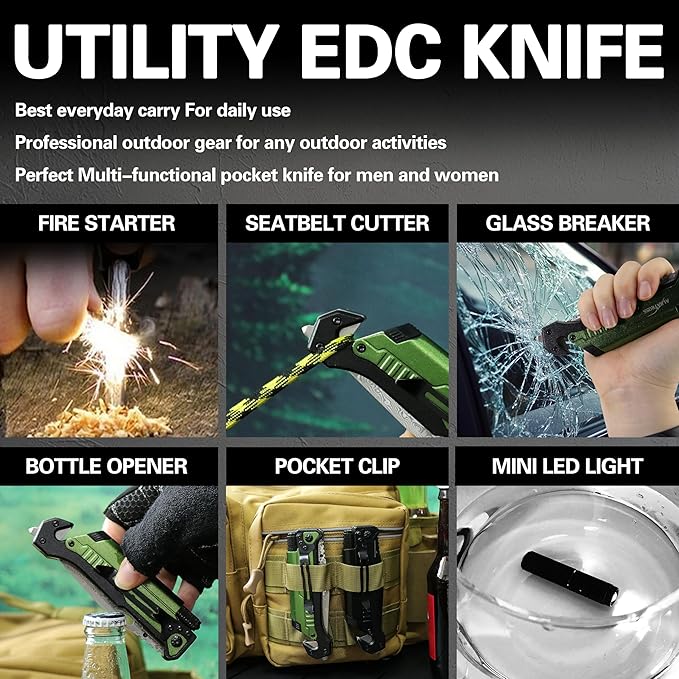 ALBATROSS 7-in-1 Damascus Folding Knife - Glass Breaker/Seatbelt Cutter/Flashlight/Fire Starter, Military Rescue Tool with Carrying Bag - FK01-DA-GN (Green)