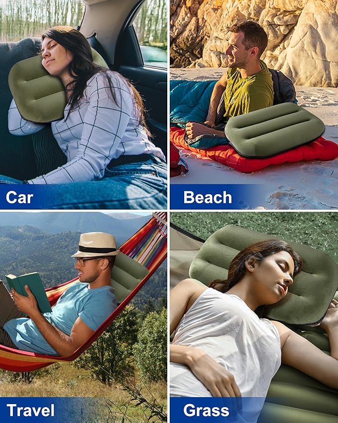 Ultralight Inflatable Camping Pillow for Sleeping – Soft Velvet Cover, Compact & Portable, Ergonomic Neck Support, Machine Washable Air Pillow, Perfect for Travel, Hiking, Backpacking – Green