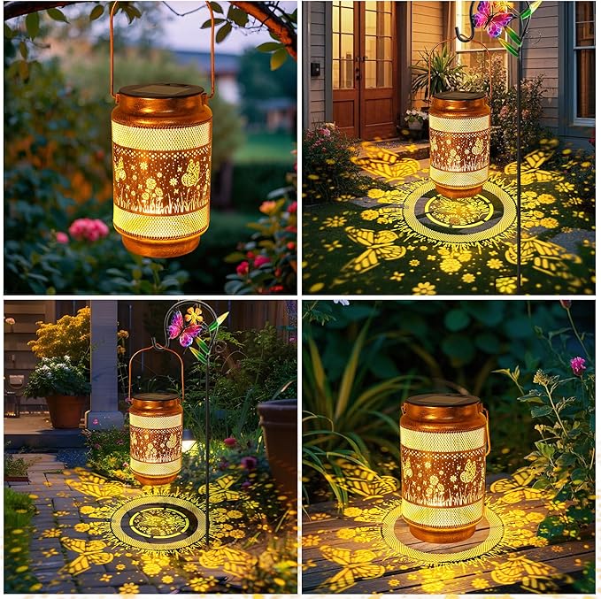 2 Pack Butterfly Solar Lanterns Outdoor Waterproof Solar Garden Decor, Birthday Gifts for Women Mom Grandma, Metal Hanging Lights with Shepherd Hook for Outside Yard Patio Pathway Backyard Porch