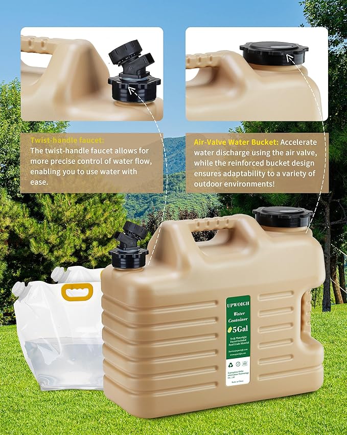 5 Gallon Water Jug and 2.6Gal Collapsible Water Bag Set of 2,BPA Free Thickened Water Storage Containers,Leak-Proof Warm Sand Portable Emergency Water Tank for Outdoors Hiking,Hurricane