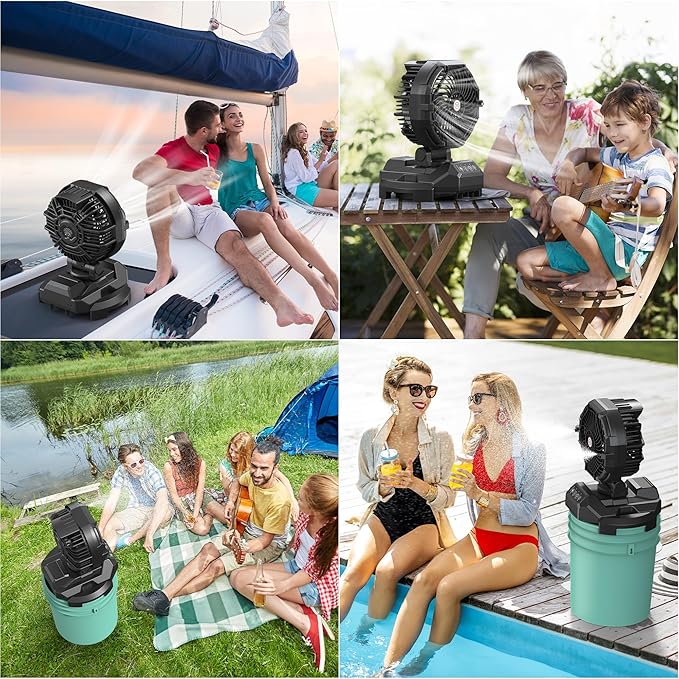 Portable Misting Fan, 4 Powerful Speed & 4 Spray Modes, 30000mAh Battery Powered, Remote Control, Auto Oscillation with Adjustable Base fit for 10-13 inch Bucket for Outdoor Camping Beach Travel